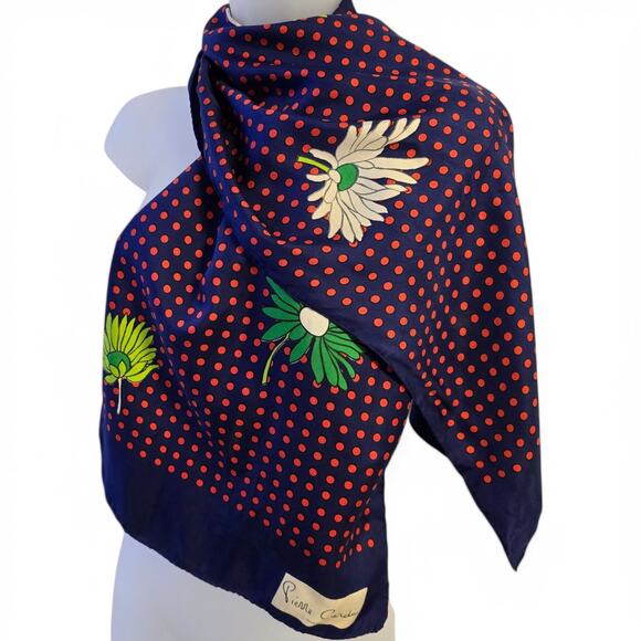 Vintage 70s Pierre Cardin Silk Scarf Navy Red Polka Dot Floral Print Retro Chic - Picture 11 of 11